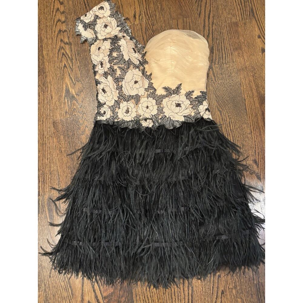 Vintage Terani Couture Ostrich Feather, Lace, Beaded One Shoulder Formal Dress 2